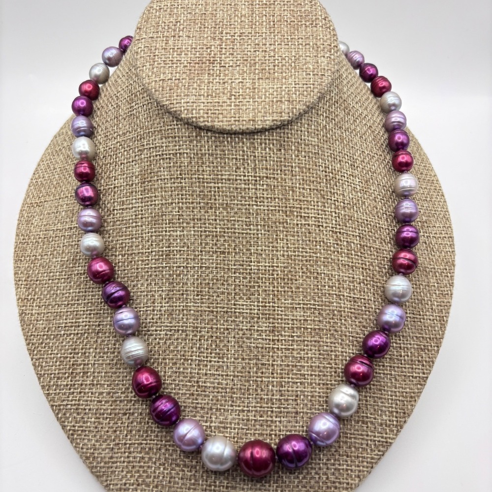 VTG Honora Ringed Pearl Necklace Sterling Clasp Multicolor Purple Berry Gray 20"